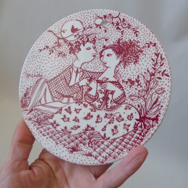 Bjorn Wiinblad May Harmoni red wall plaque, vintage Nymolle Denmark 6" Ceramic - Image 3